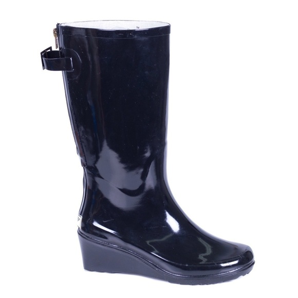 Womens Rubber Rain Boots, Wedge Rainboots, Black, NEW - Picture 3 of 4